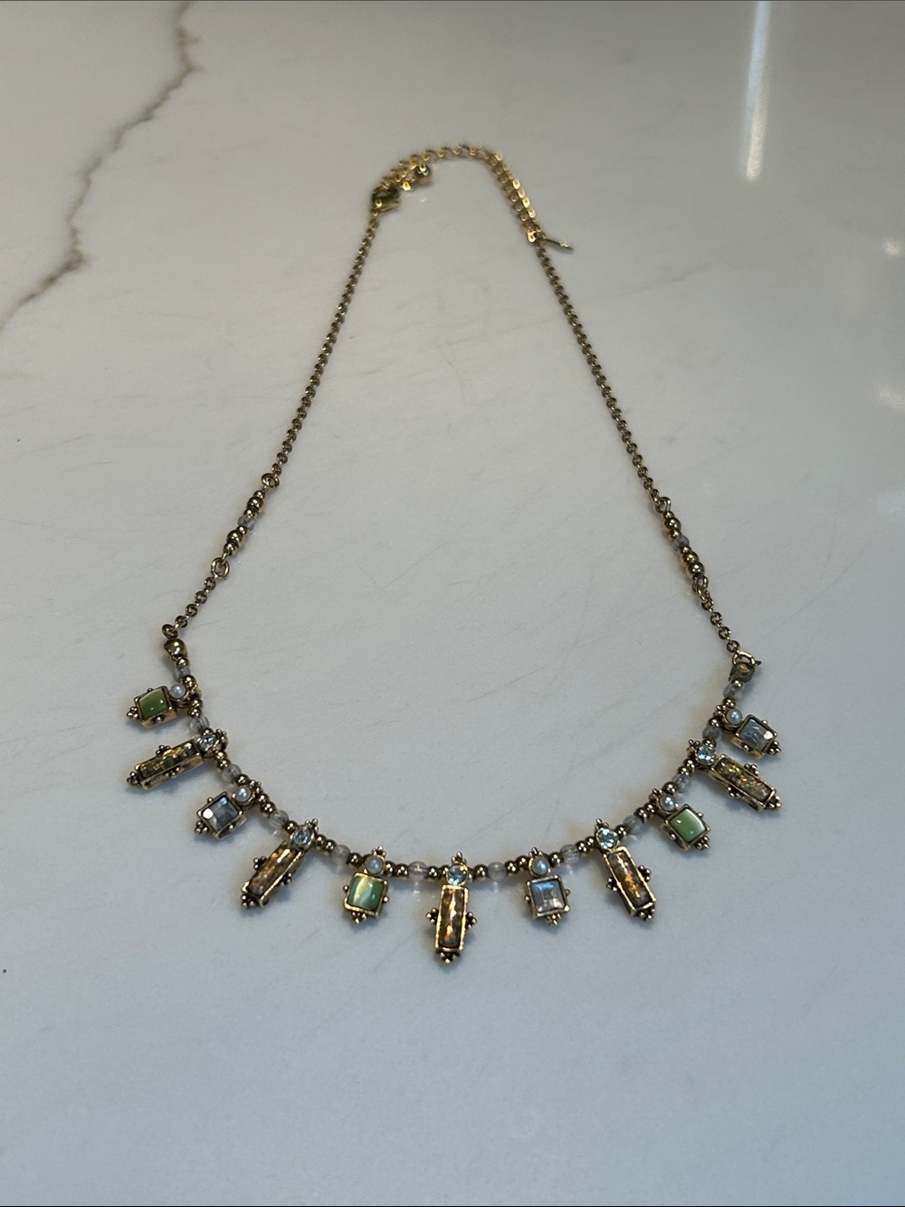 Gold-Tone Multi-Stone Fringe Necklace - Green & Clear Accents